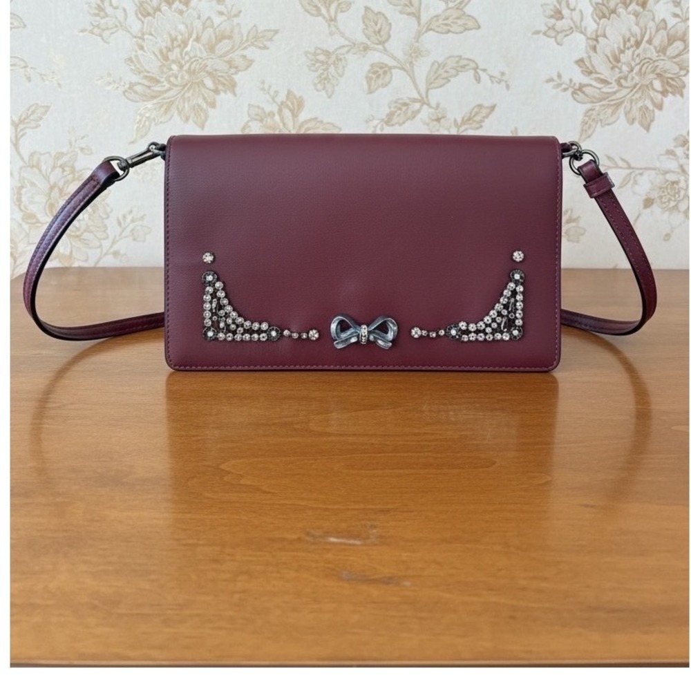 Coach Selena Gomez Bond Crossbody Bag Women Burgundy Leather Crystal Bow